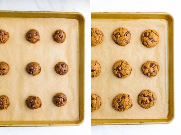 Side by side photos of sunbutter cookie dough on a lined cookie sheet, before and after being baked.