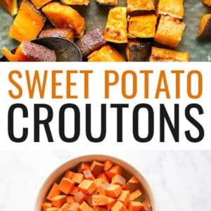 Roasted sweet potato croutons on a sheet pan. Photo below is of the sweet potato chunks, salt and olive oil.