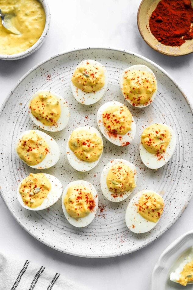 A plate with healthy deviled eggs.