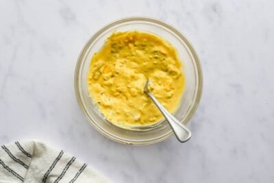 Egg yolk mixture for healthy deviled eggs in a bowl.