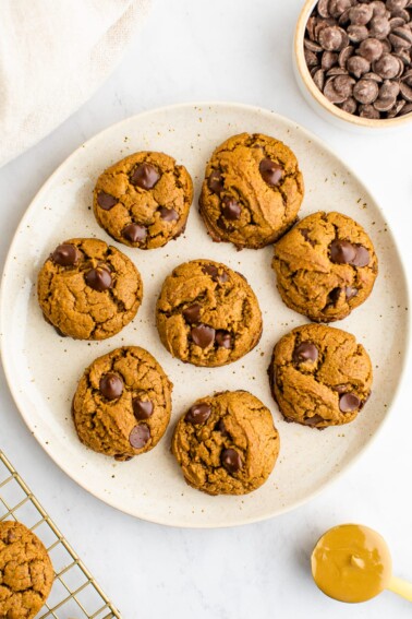 An overhead photo of a plate with 8 SunButter cookies.