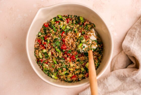 Ingredients for tabouli salad mixed together.