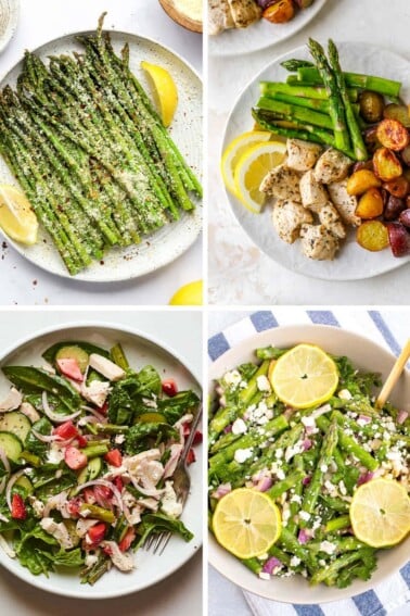 Collage of four photos: air fryer asparagus, chicken asparagus potato dinner on a plate, asparagus strawberry chicken spinach salad, and a feta asparagus salad.