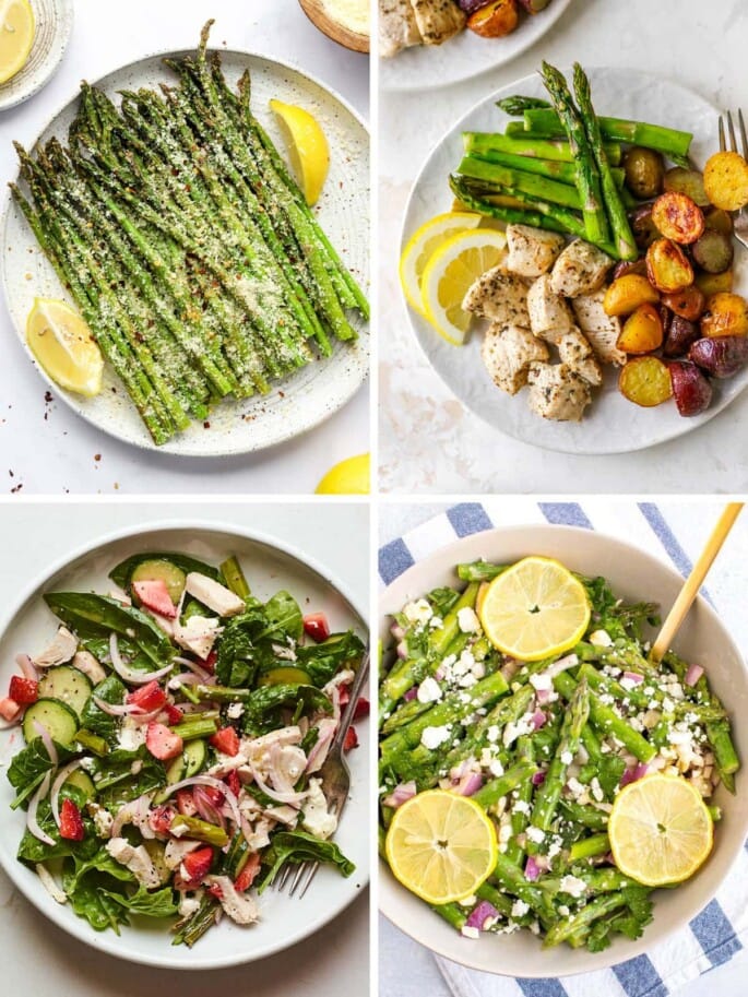 Collage of four photos: air fryer asparagus, chicken asparagus potato dinner on a plate, asparagus strawberry chicken spinach salad, and a feta asparagus salad.