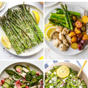 Collage of four photos: air fryer asparagus, chicken asparagus potato dinner on a plate, asparagus strawberry chicken spinach salad, and a feta asparagus salad.