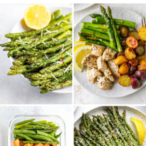 Collage of four photos: roasted asparagus, asparagus chicken potato dinner on a plate, tuna nicoise salad, and air fryer asparagus on a plate topped with cheese.