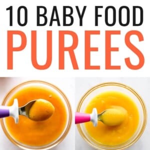 Collage of 10 different baby food purees in a jar with a spoon.