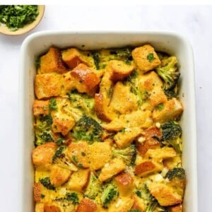 A healthy breakfast casserole in a baking dish.