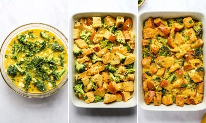 Three photos in a collage: the egg and broccoli mixture for a casserole, the egg and bread casserole in a casserole dish, and then the casserole dish baked.