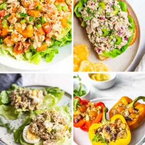 Collage of four tuna recipes: sweet potato tuna salad, tuna salad on bread, egg tuna salad on lettuce leaves and tuna stuffed peppers.