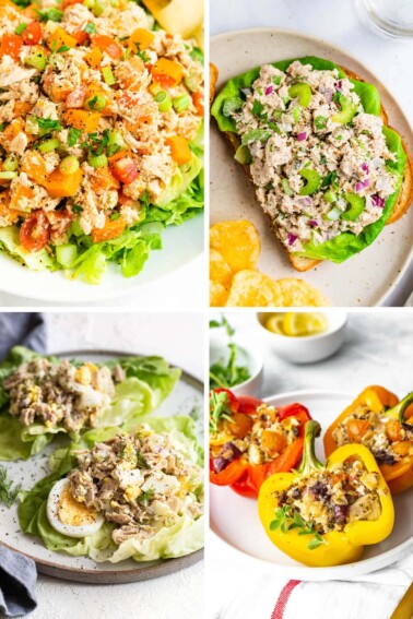 Collage of four tuna recipes: sweet potato tuna salad, tuna salad on bread, egg tuna salad on lettuce leaves and tuna stuffed peppers.