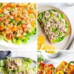 Collage of four tuna recipes: sweet potato tuna salad, tuna salad on bread, egg tuna salad on lettuce leaves and tuna stuffed peppers.