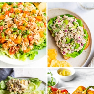 Collage of four tuna recipes: sweet potato tuna salad, tuna salad on bread, egg tuna salad on lettuce leaves and tuna stuffed peppers.