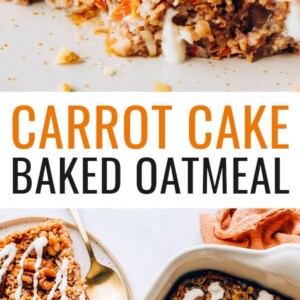A slice of carrot cake baked oatmeal with a wooden spoon drizzling icing over top. Photo below is of a dish of the carrot cake baked oatmeal and a plate with a slice on it.