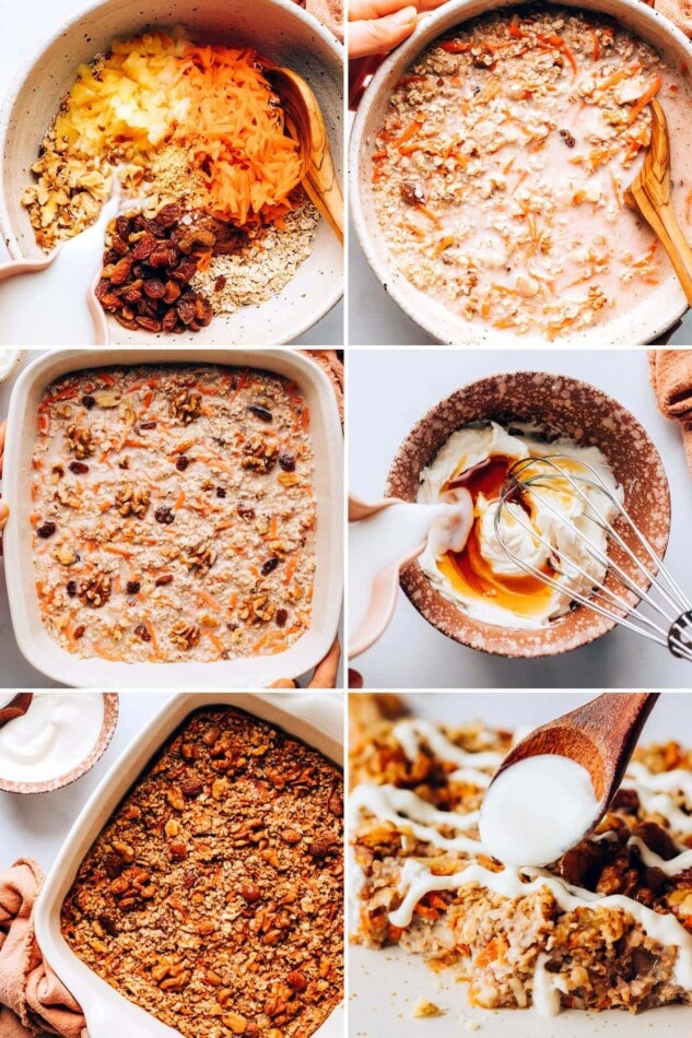 Collage of 6 photos showing how to make carrot cake baked oatmeal, mixing and baking the mixture, and making and topping with frosting.