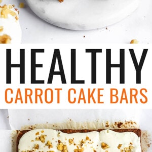 A carrot cake bar topped with vanilla icing. A bite has been taken from the bar. Photo below is of 9 carrot cake bars.