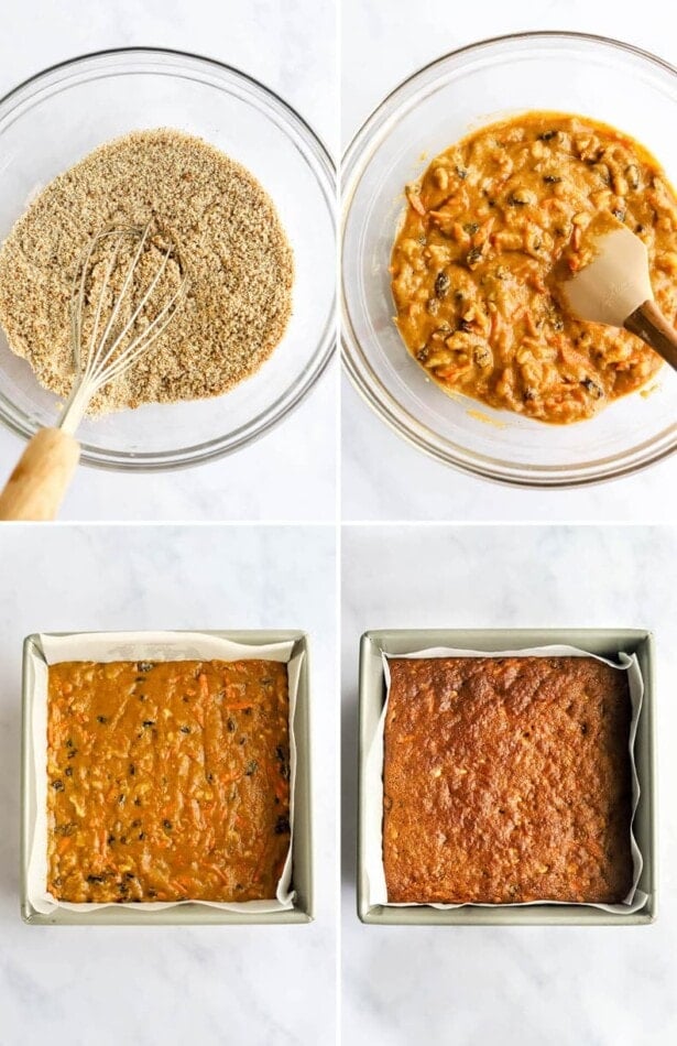 Flour photos showing making the batter for carrot cake bars, and baking the batter, before and after in a pan.