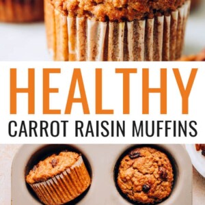 Two carrot raisin muffins stacked, and one muffin has a bite taken out of it. Photo below is of the muffins in a tin.