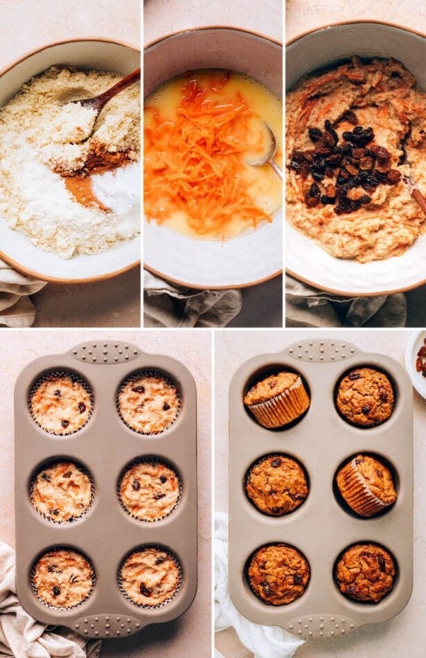 Collage of 5 photos showing how to make carrot raisin muffins, mixing the batter and baking the muffins in a muffin tin.