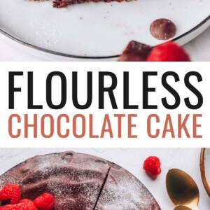 Slice of flourless chocolate cake on a plate. Cake has a bite taken out of it, and is topped with powdered sugar and raspberries. Photo below is of the whole flourless chocolate cake, topped with raspberries and cut into slices.