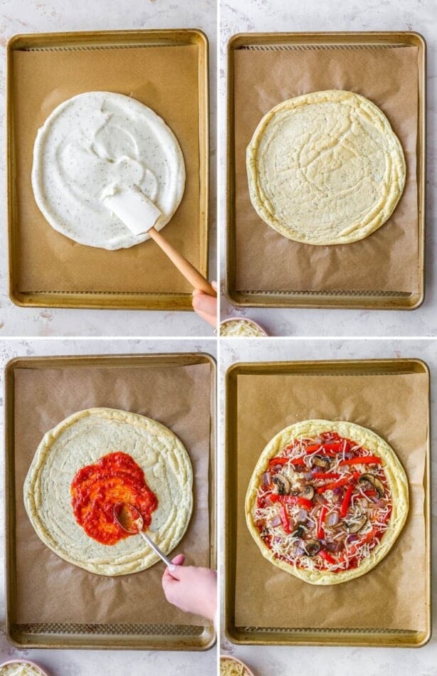 Collage of four photos, showing spreading the cloud bread pizza crust mixture on a sheet pan, the baked crust, and then adding sauce, veggies and cheese on top.