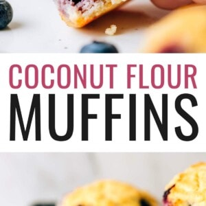 A hand holding a coconut flour muffin with a bite removed. Photo below is of coconut blueberry muffins on a cooling rack.