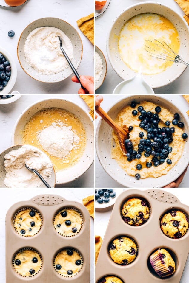 Collage or 6 photos showing how to make the batter and bake coconut flour muffins with blueberries.