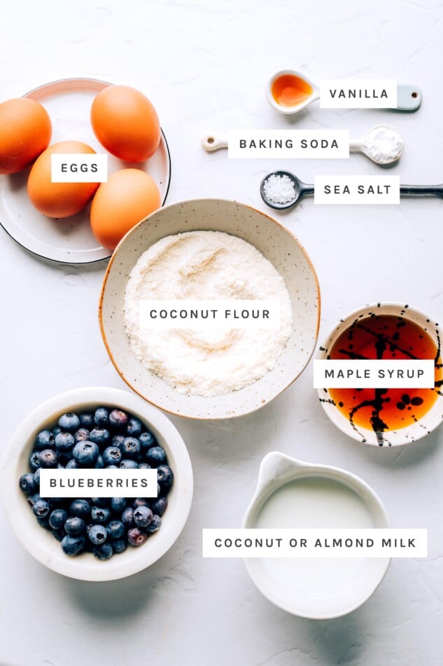 Ingredients measured out to make coconut flour muffins: vanilla, baking soda, sea salt, eggs, coconut flour, maple syrup, blueberries and coconut/almond milk.