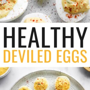 Close up of deviled eggs. Photo below is of a plate with several deviled eggs.