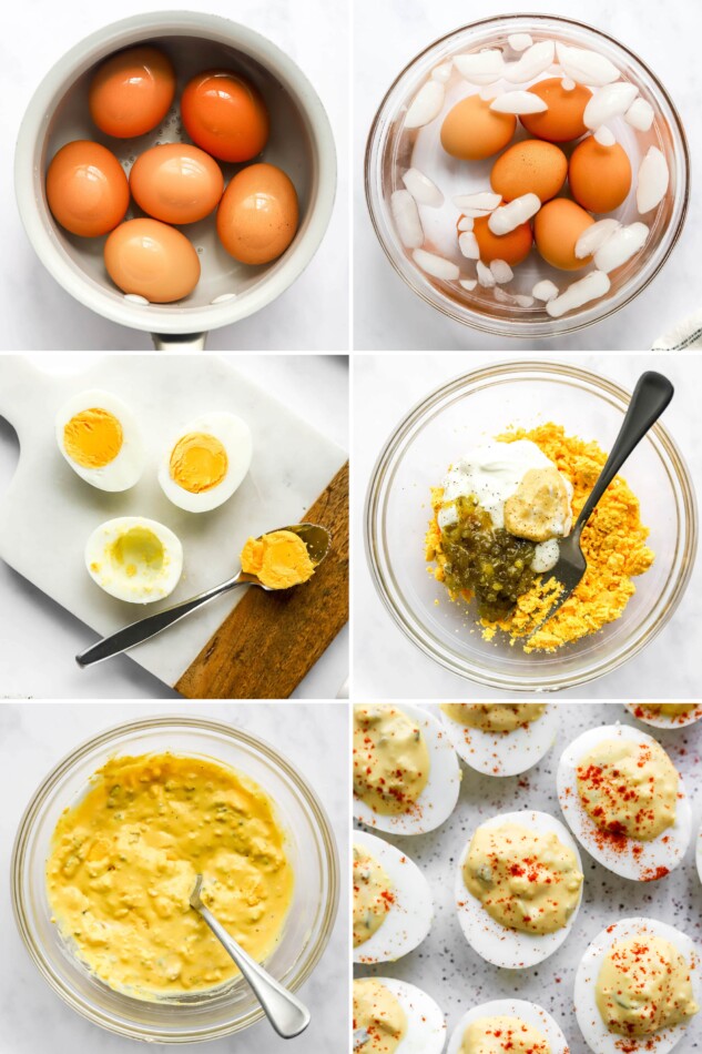 Collage of 6 photos showing the steps to make deviled eggs: boiling eggs, making filling and filling the eggs.