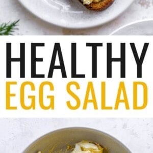 A plate with a slice of bread topped with healthy egg salad. Below is a bowl of egg salad.