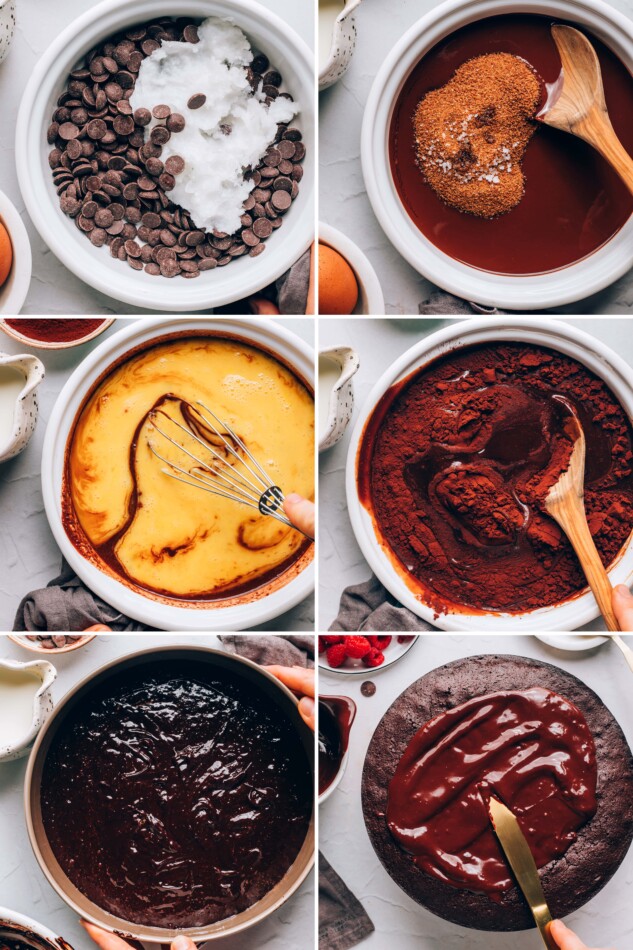 Collage of 6 photos showing the steps to make and bake a flourless chocolate cake.