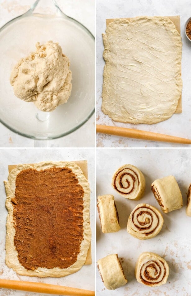 Collage of four photos, cinnamon roll dough in a mixing bowl, the dough rolled out and topped with softened butter, and then cinnamon sugar sprinkled on top of that. The rolls are cut into cinnamon rolls.