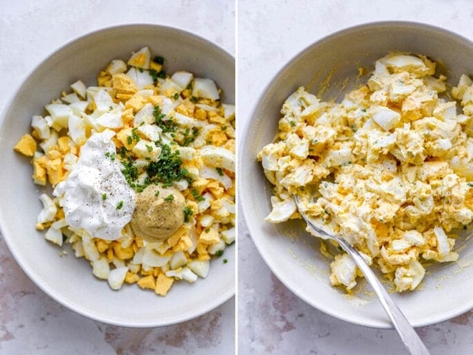 Side by side photos of healthy egg salad, before and after mixing the ingredients together.