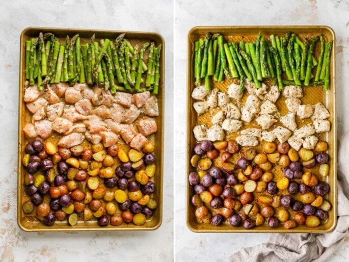 Side by side photos of asparagus, chicken and potatoes on a sheet pan, before and after being roasted.