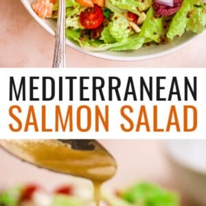 A bowl with mediterranean salad topped with a filet of salmon. Photo below is of a spoon drizzling lemon dressing over the salad.