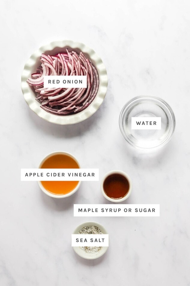 Ingredients measured out to make pickled onions: red onion, water, apple cider vinegar, maple syrup and sea salt.