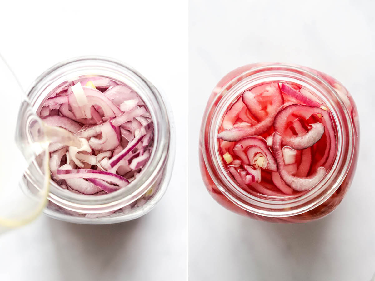 Side by side photos of red onions in a jar getting the pickling liquid poured in, and then the onions pickled in the jar.