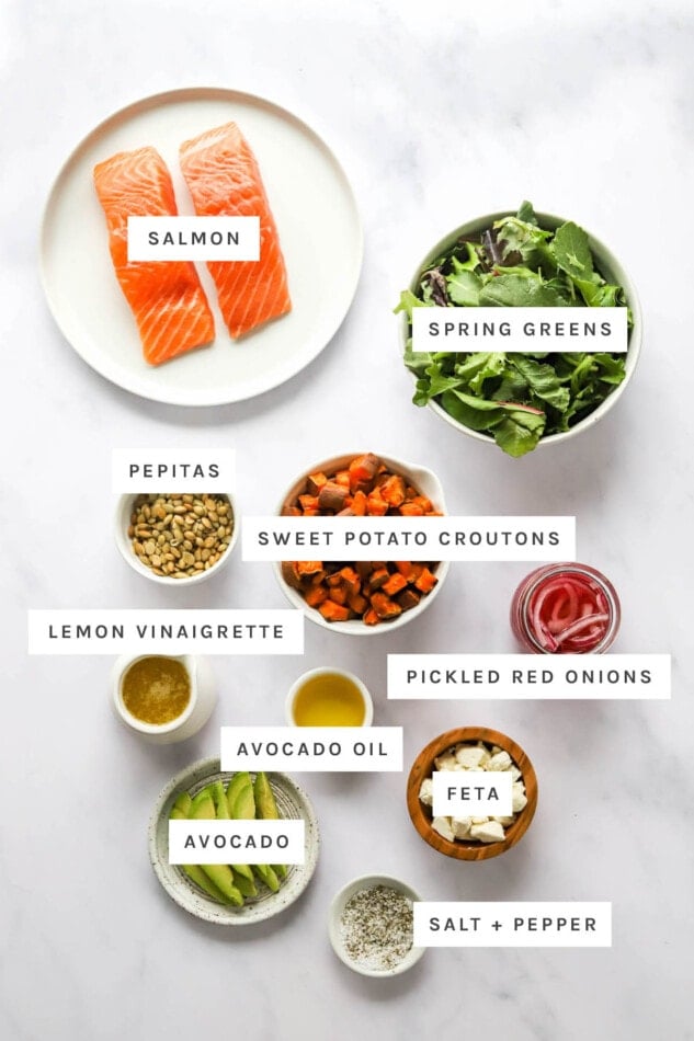 Ingredients measured out to make a superfood salmon salad: salmon, spring greens, pepitas, sweet potato croutons, lemon vinaigrette, pickled red onions, avocado oil, feta, avocado, salt and pepper.