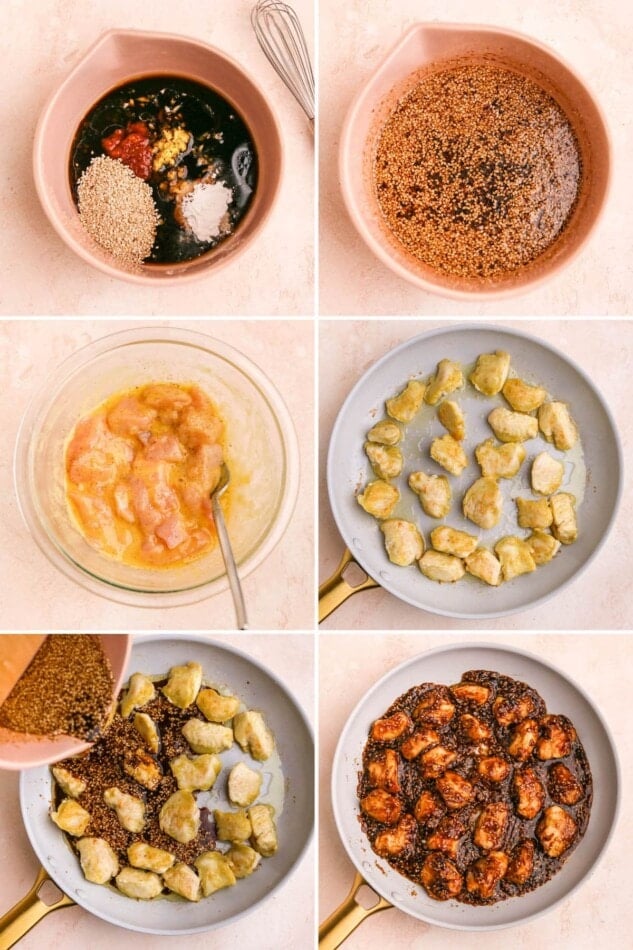 Collage of 6 photos showing how to make sesame chicken: whisking sauce, pan frying chicken, and adding the sauce in with the chicken.