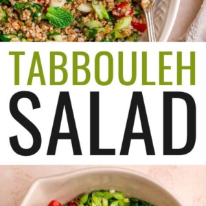 A serving platter containing tabbouleh salad. There is a spoon resting on the platter with lemon slices. Photo below is of the bulgur, veggies and herbs in a bowl before mixing the salad.