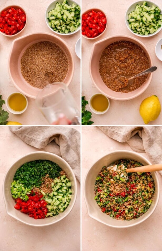 Collage of four photos showing the steps to make tabbouleh salad: adding water to the bulgur, adding veggies and herbs, tossing the salad.