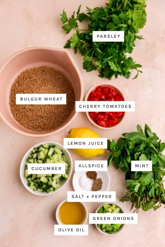 Ingredients measured out to make a tabbouleh salad: parsley, bulgur wheat, cherry tomatoes, lemon juice, allspice, cucumber, mint, salt, pepper, olive oil, green onions.