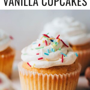 A health vanilla cupcake topped with icing and sprinkles.