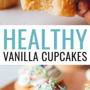 A healthy vanilla cupcake with the liner removed held up by a hand, with a bite taken out of it. Photo below is of a vanilla cupcake with sprinkles.