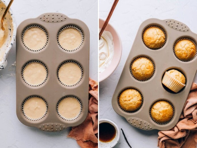 Side by side photos of 6 vanilla cupcakes in a tin, before and after being baked.