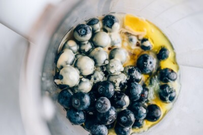 Blueberries, lemon juice, olive oil, tahini, sea salt and water in a blender.