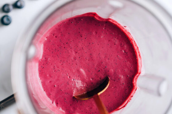 Blueberry tahini dressing in a blender.