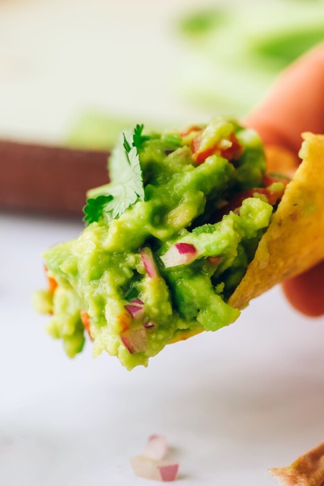 A scoop of guacamole on a chip.