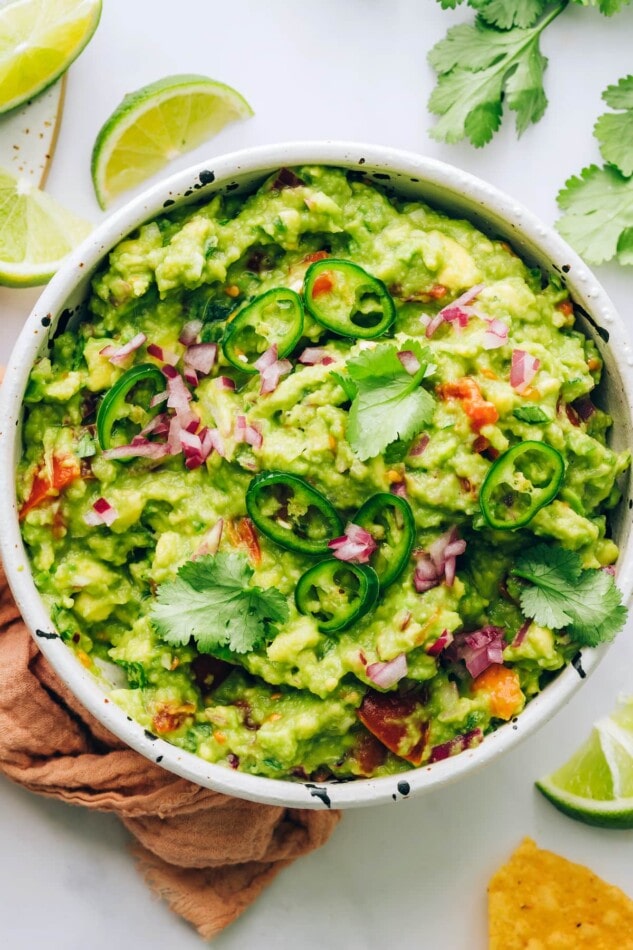 An overhead view of a serving bowl of guacamole.